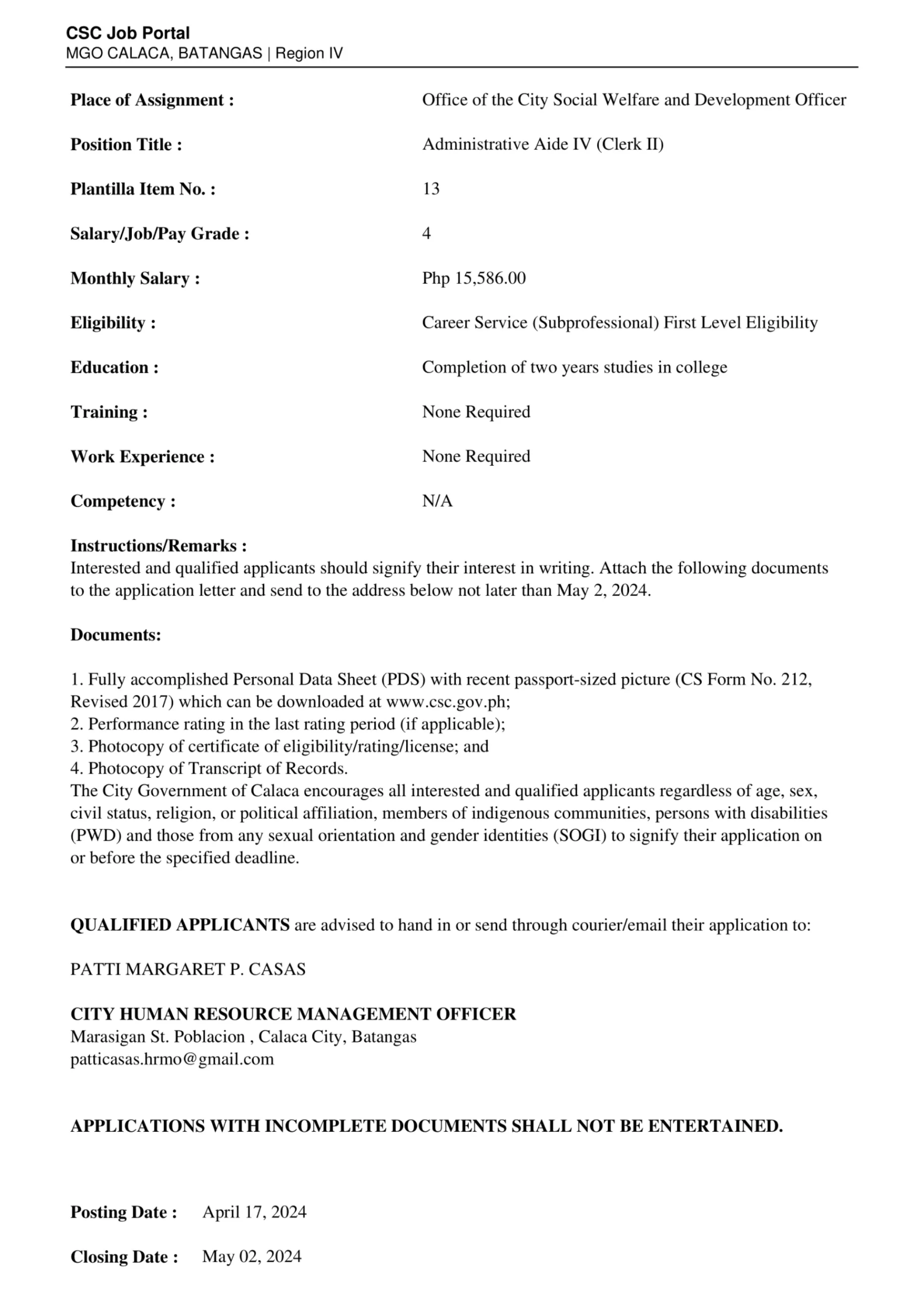 Administrative Aide IV (Clerk II) Requirements