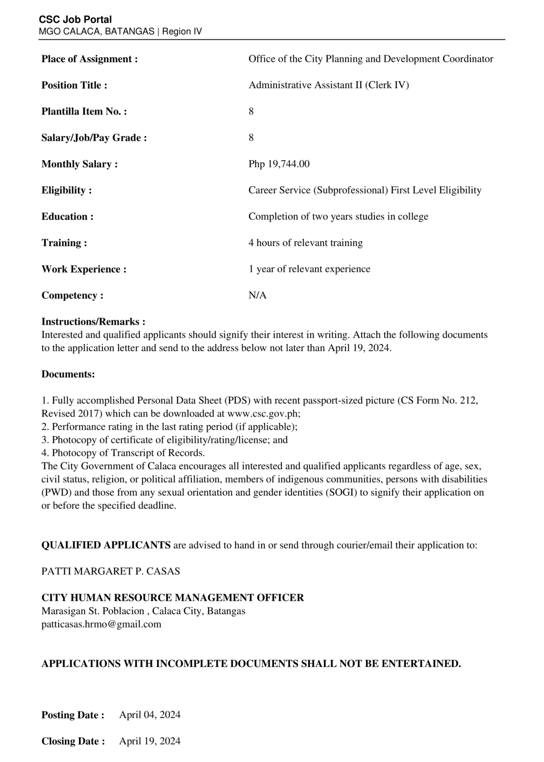 Administrative Assistant II (Clerk IV) Requirements