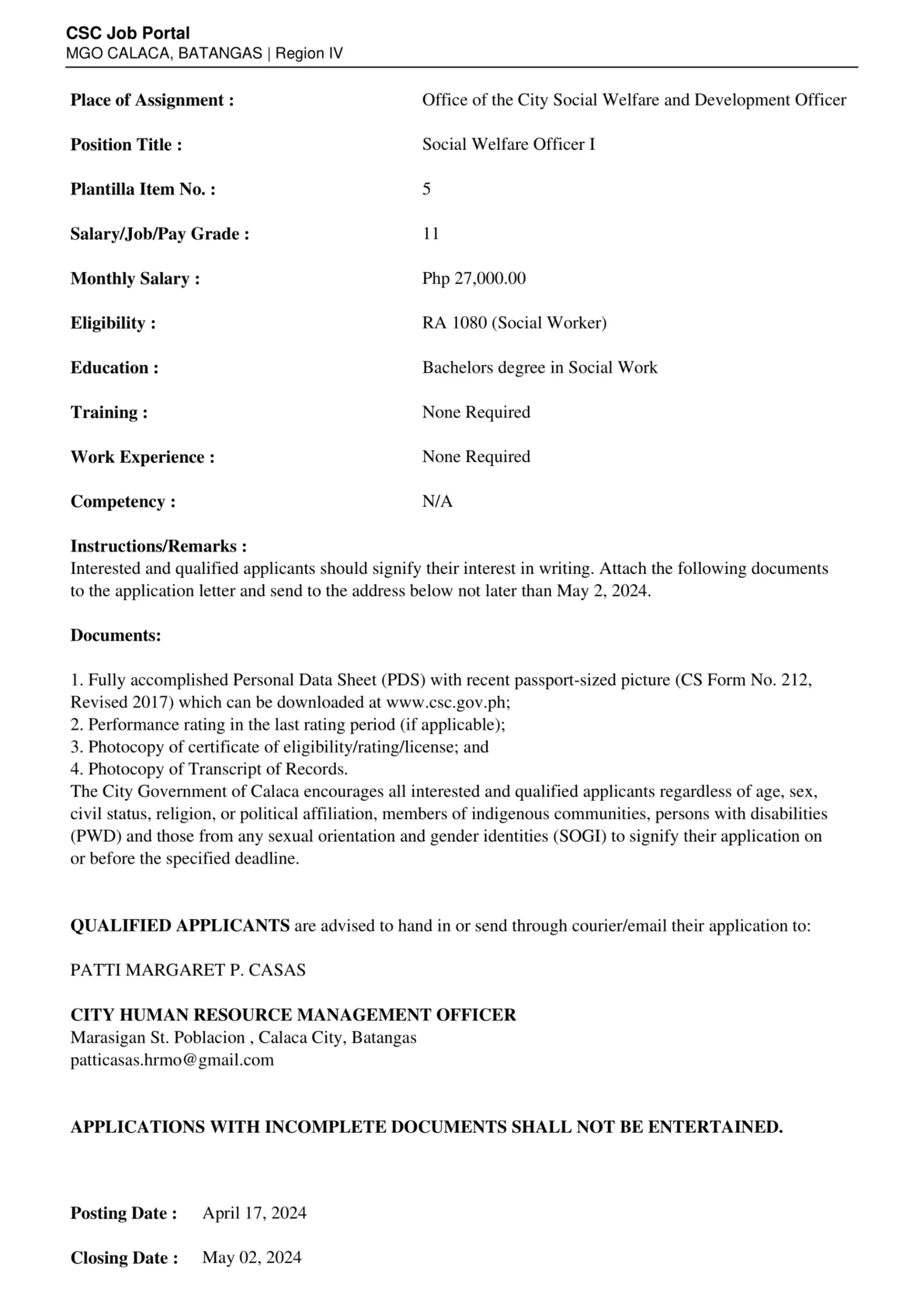 Social Welfare Officer I Requirements