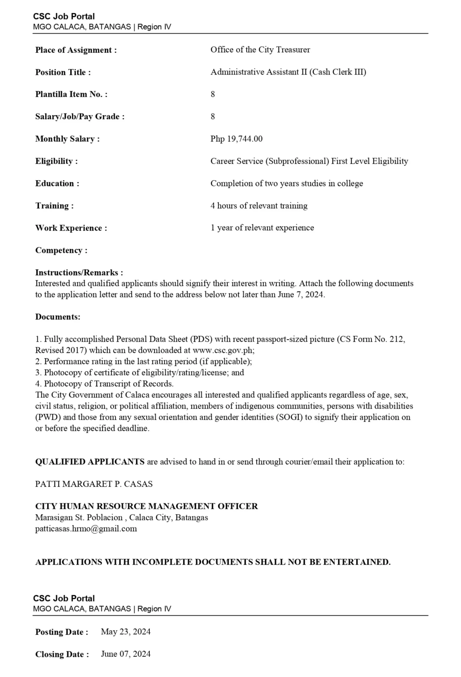 Administrative Assistant II (Cash Clerk III)