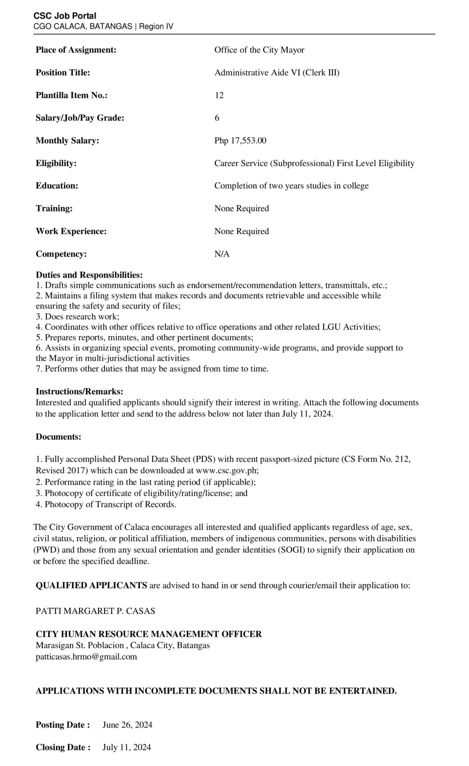 ADMINISTRATIVE AIDE VI (CLERK III) - M.O