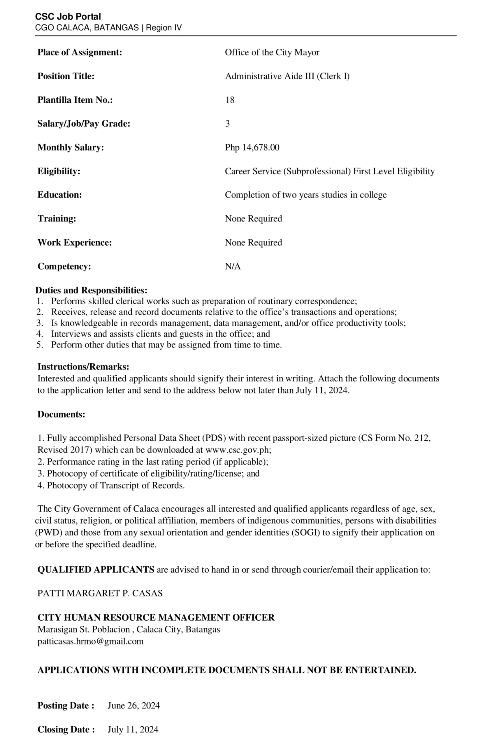 Administrative Aide III ( Clerk I)