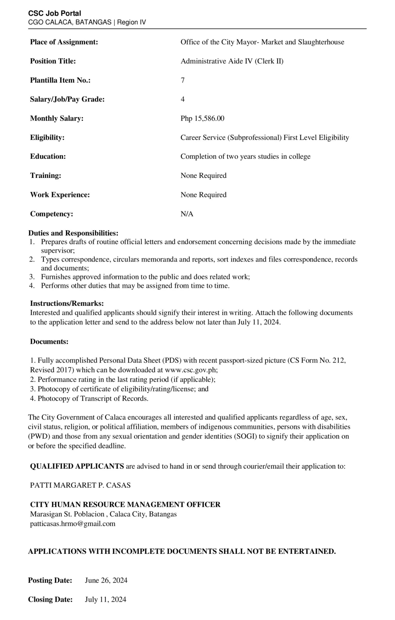 Administrative Aide IV (Clerk II)