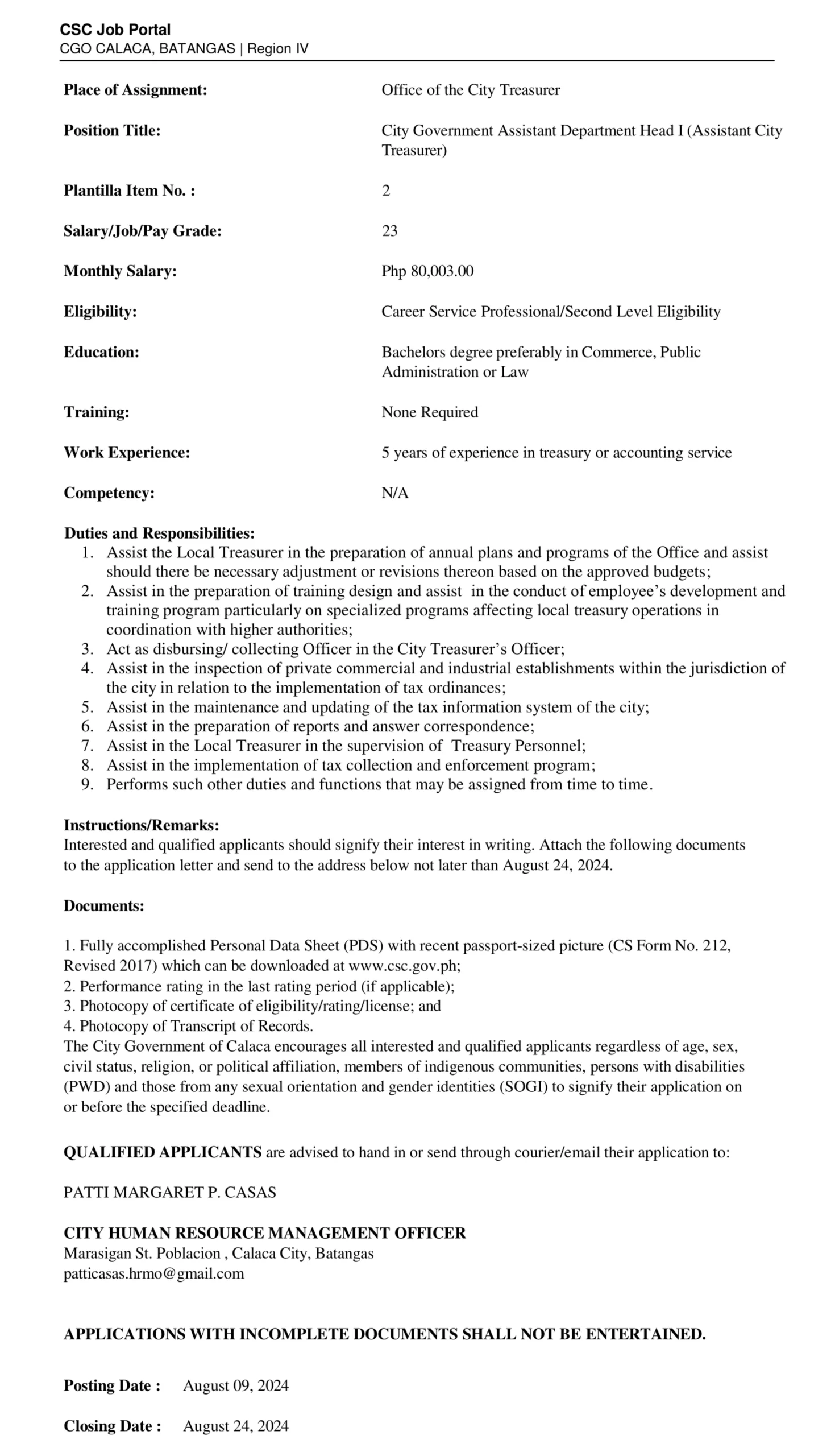 City Government Assistant Department Head I (Assistant City Treasurer)