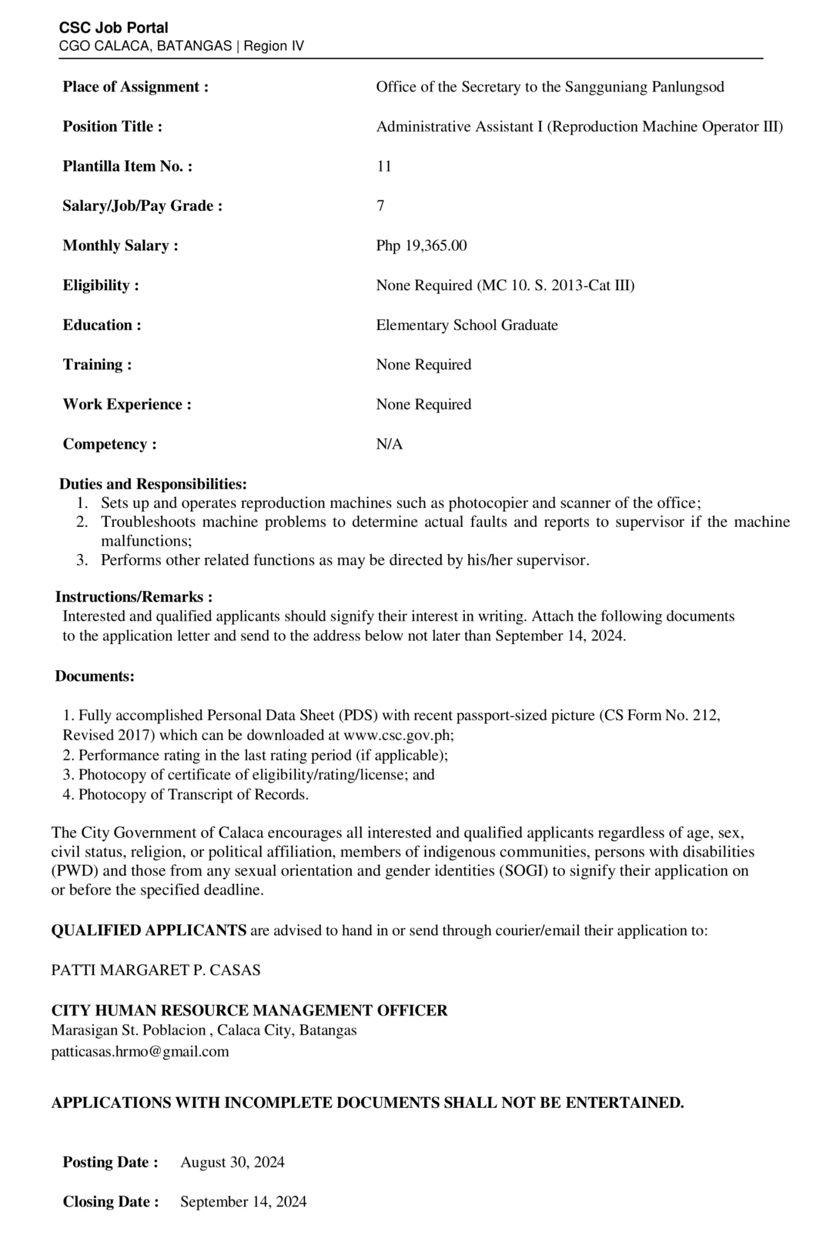 Administrative Assistant I (Reproduction Machine Operator III)